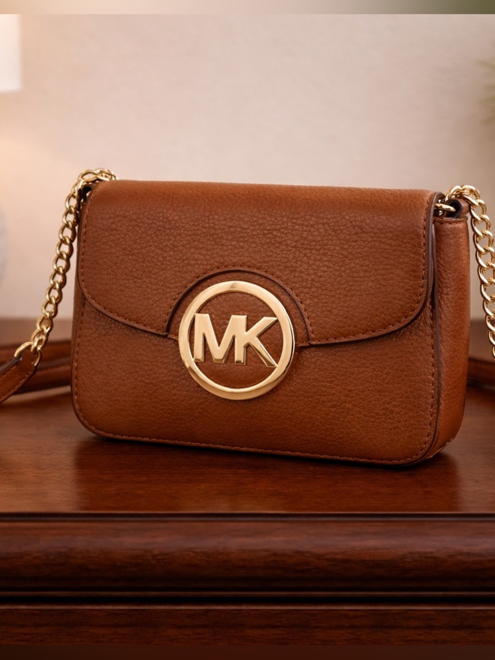 Michael Kors Fulton Brown Pebbled Leather Crossbody Bag Gold MK Logo